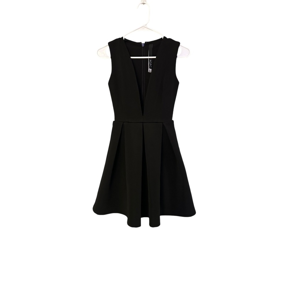 AQ AQ Vicious Black Mini Dress 0 Deep V Neck Sleeveless Flare Pleated